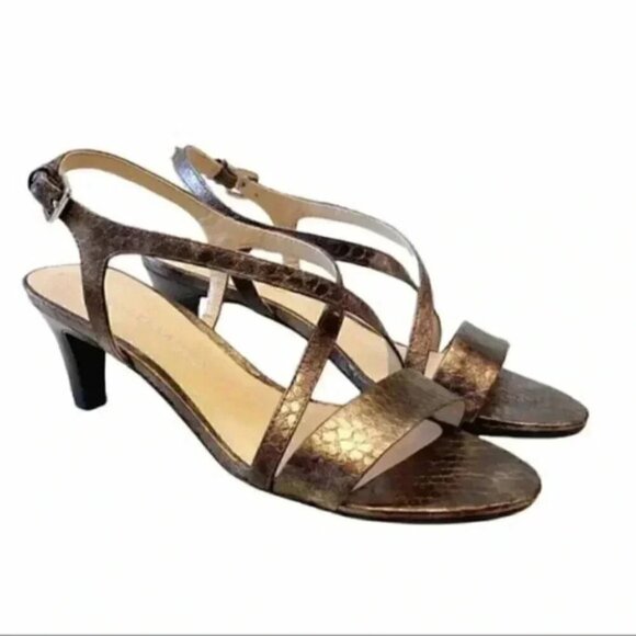 Franco Sarto Kitten Heel Strappy Sandals Metallic Bronze Snakeskin Leather 6.5 - Picture 2 of 12